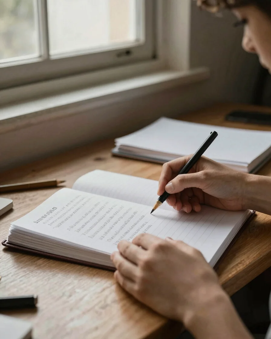 Mãos segurando um caderno aberto com anotações manuscritas sobre