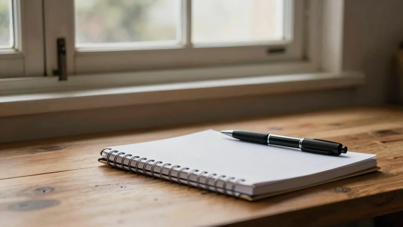Caderno e caneta sobre uma mesa de madeira perto de uma janela, l