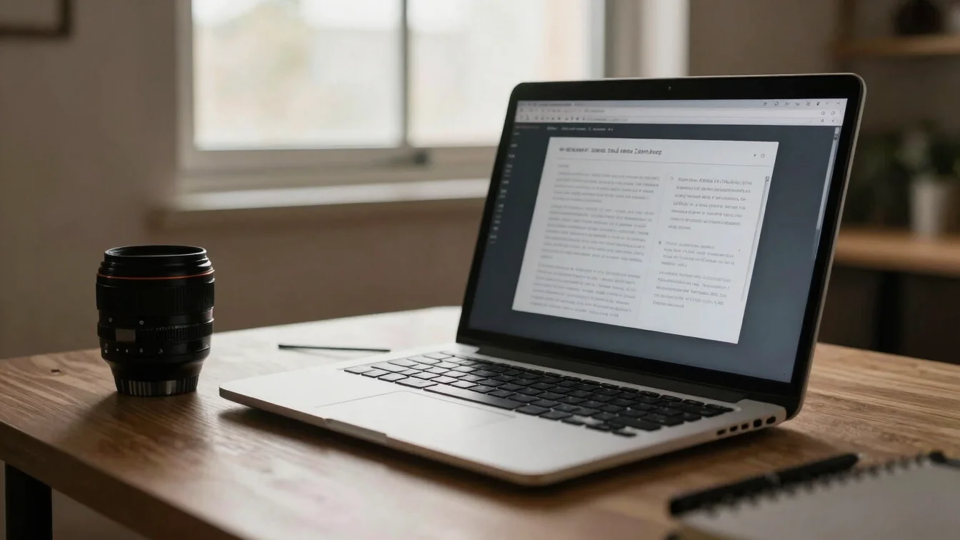 Computador portátil com documento digital aberto sobre uma mesa d
